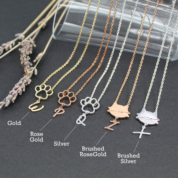 Cat Face/Paw with Personalized, Initial Letter Necklace