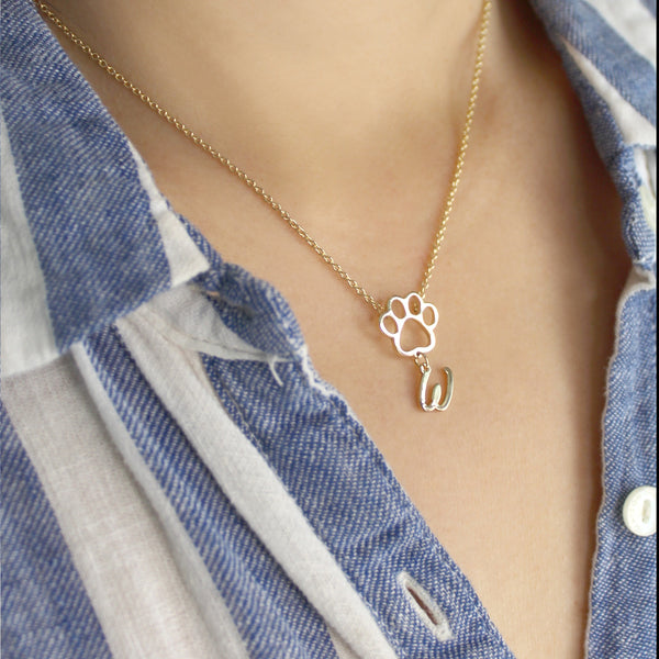 Personalized Paw Initial Letter Necklace - Gold