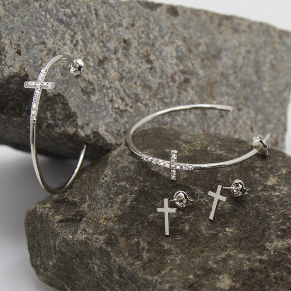 Copy of Tiny Cross Sterling Silver Stud Cubic Zirconia Stone Cross Hoop 2pair Earring Set_White Gold