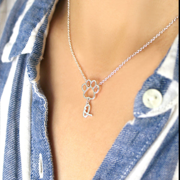 Personalized Paw Initial Letter Necklace - Silver