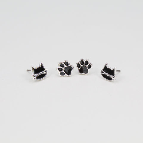 Cat earrings / Black Silver / 2 pair Set / Hypoallergenic Stud