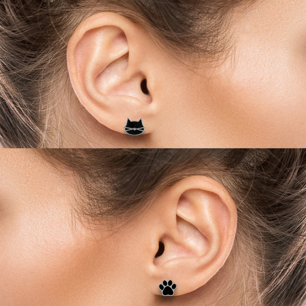 Cat earrings / Black Silver / 2 pair Set / Hypoallergenic Stud