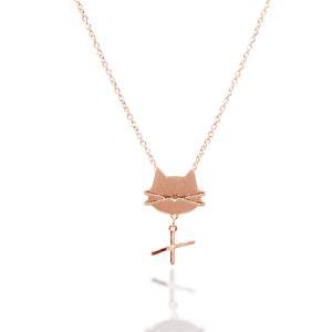 Cat Face- Personalized Initial Letter Necklace - Brushed Rose Gold