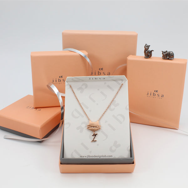 Cat Face- Personalized Initial Letter Necklace - Brushed Rose Gold