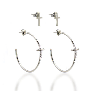 Copy of Tiny Cross Sterling Silver Stud Cubic Zirconia Stone Cross Hoop 2pair Earring Set_White Gold