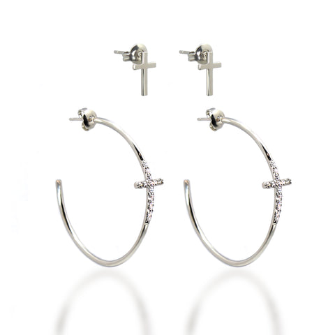 Copy of Tiny Cross Sterling Silver Stud Cubic Zirconia Stone Cross Hoop 2pair Earring Set_White Gold