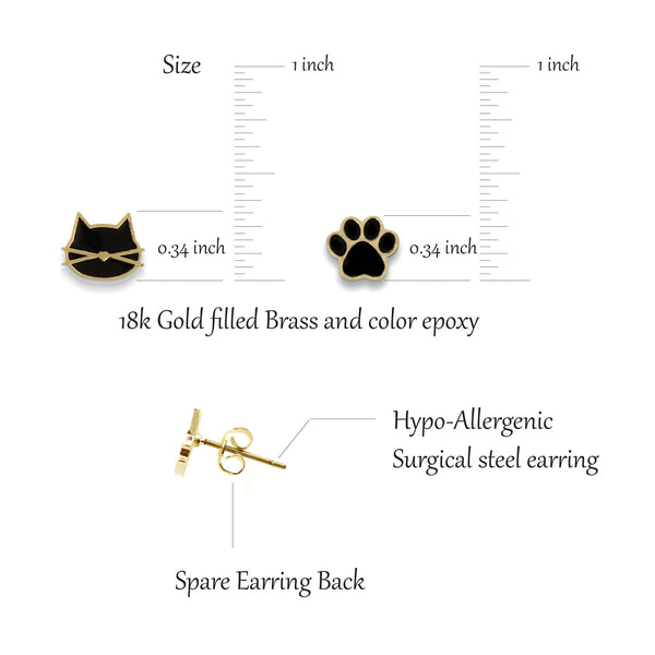 Cat earrings / Black Gold / 2 pair Set / Hypoallergenic Stud