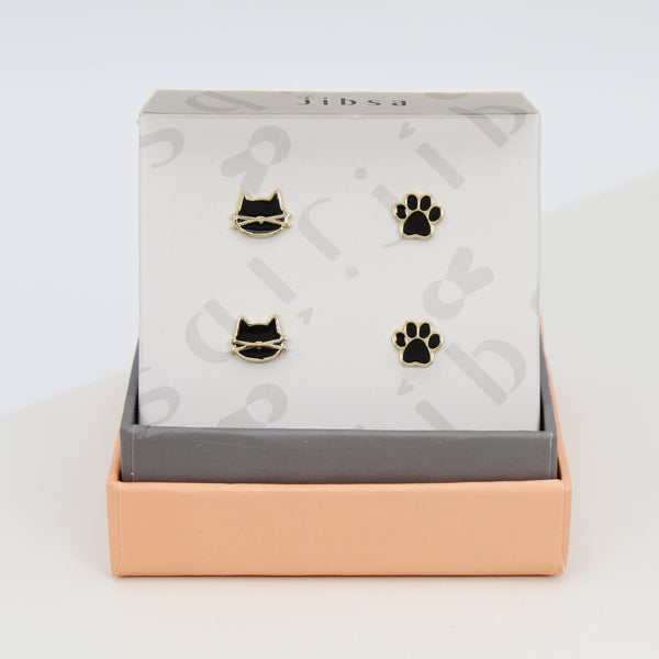 Cat earrings / Black Gold / 2 pair Set / Hypoallergenic Stud