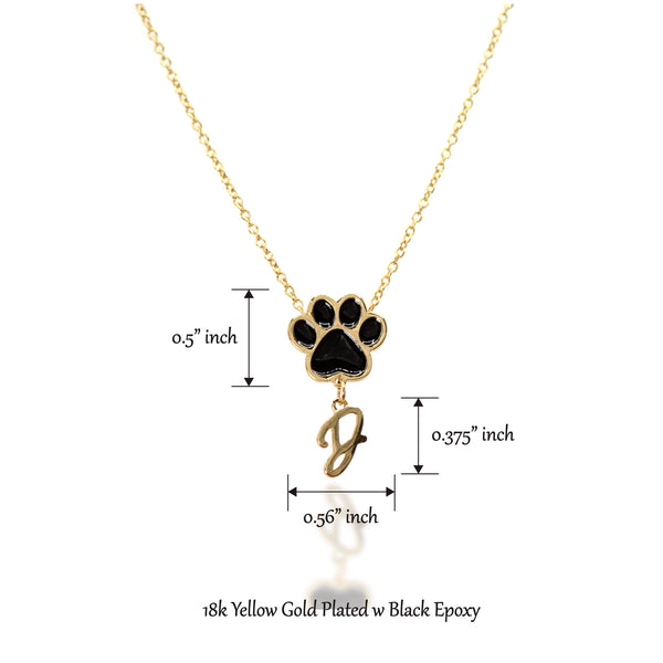 Paw Personalized Initial Letter Necklace - Gold & Black