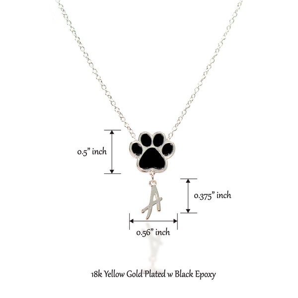 Paw Personalized Initial Letter Necklace - Silver & Black