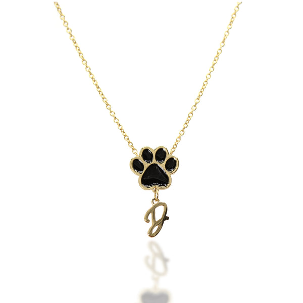 Paw Personalized Initial Letter Necklace - Gold & Black