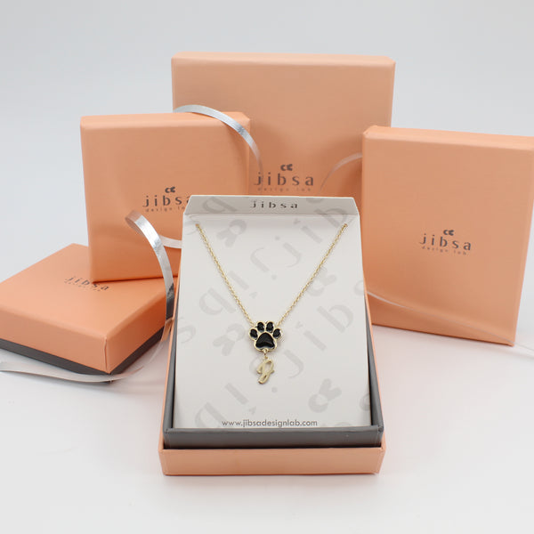 Paw Personalized Initial Letter Necklace - Gold & Black