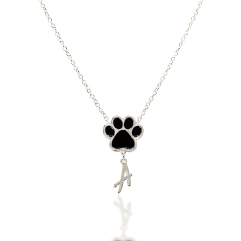 Paw Personalized Initial Letter Necklace - Silver & Black