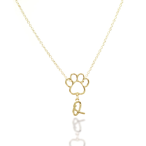 Personalized Paw Initial Letter Necklace - Gold