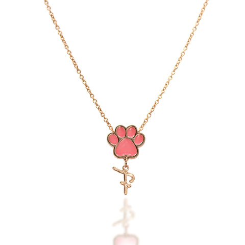 Paw Personalized Initial Letter Necklace - Rose Gold & Pink