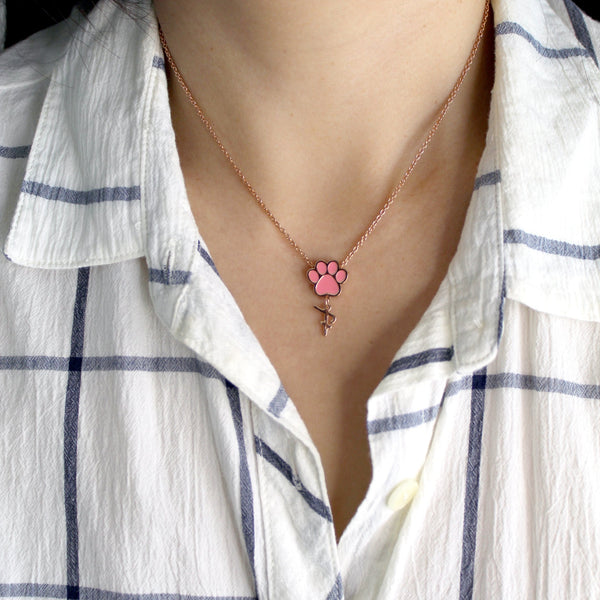 Paw Personalized Initial Letter Necklace - Rose Gold & Pink