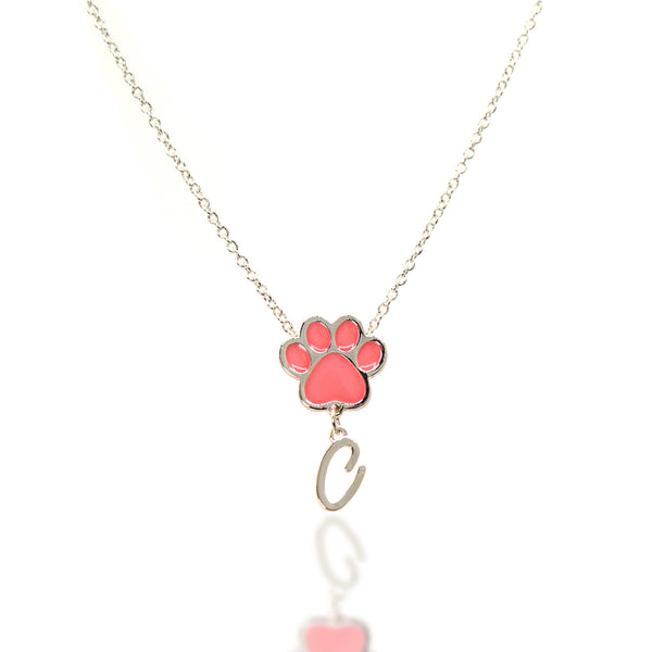 Paw Personalized Initial Letter Necklace - Silver & Pink