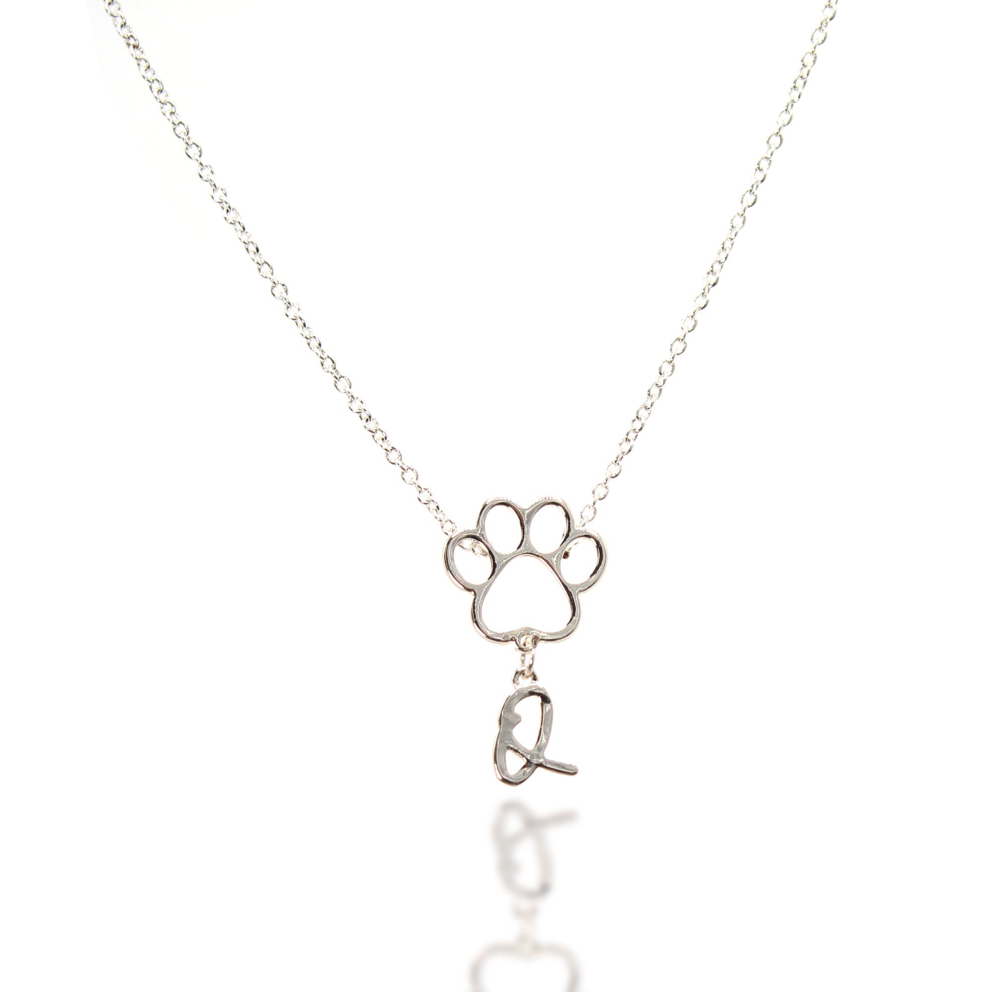 Personalized Paw Initial Letter Necklace - Silver