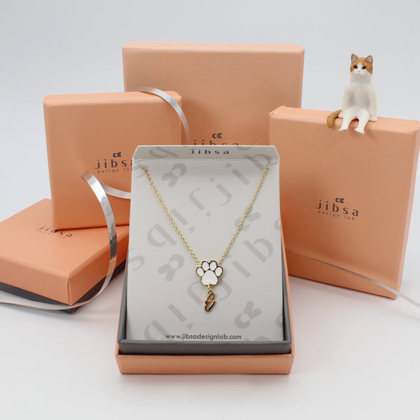 Paw Personalized Initial Letter Necklace - Gold & White