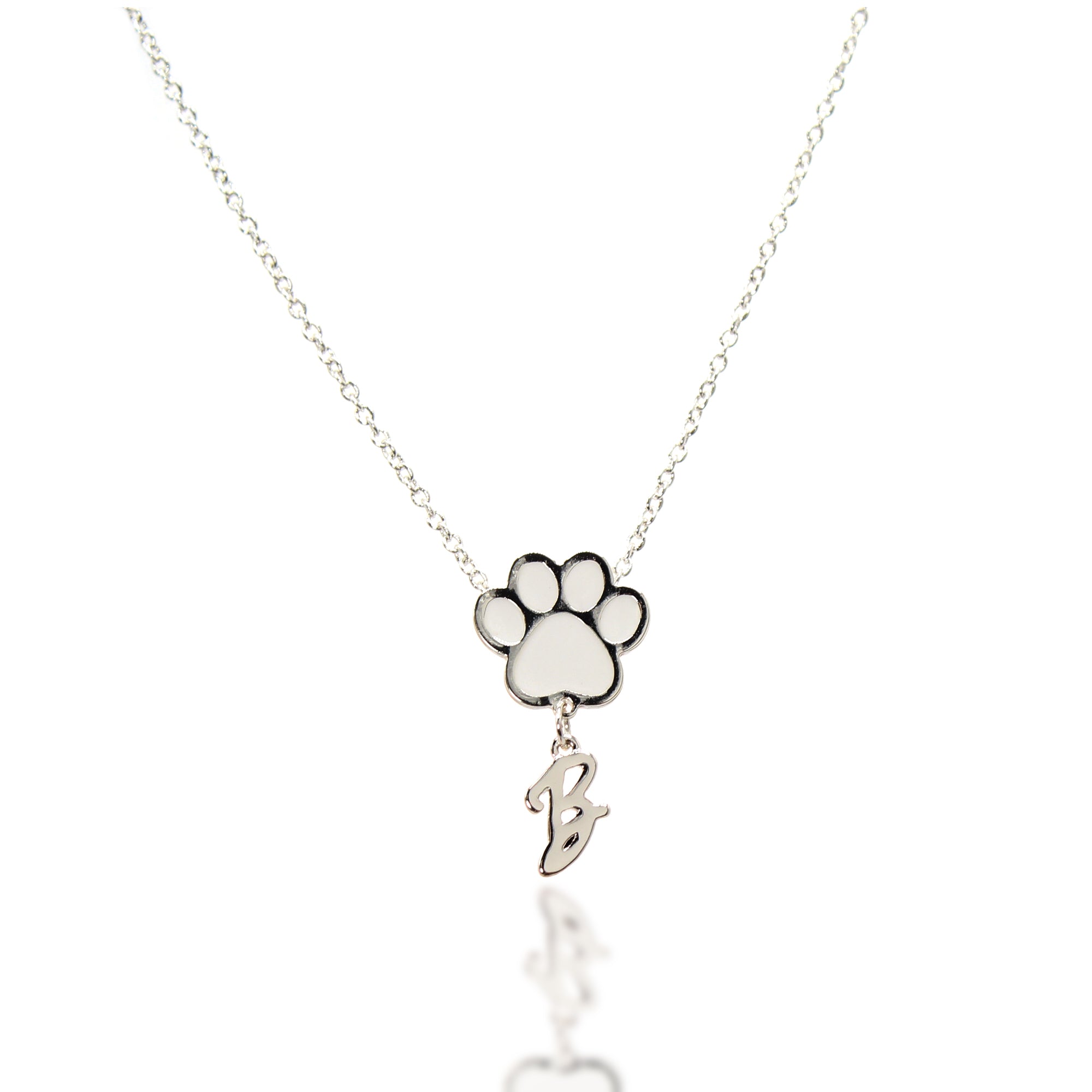 Paw Personalized Initial Letter Necklace - Silver & White