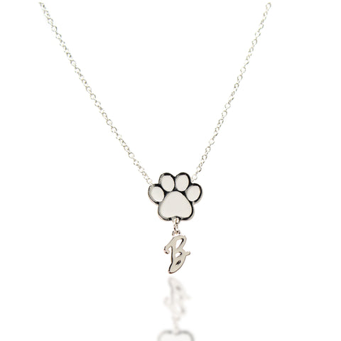 Paw Personalized Initial Letter Necklace - Silver & White