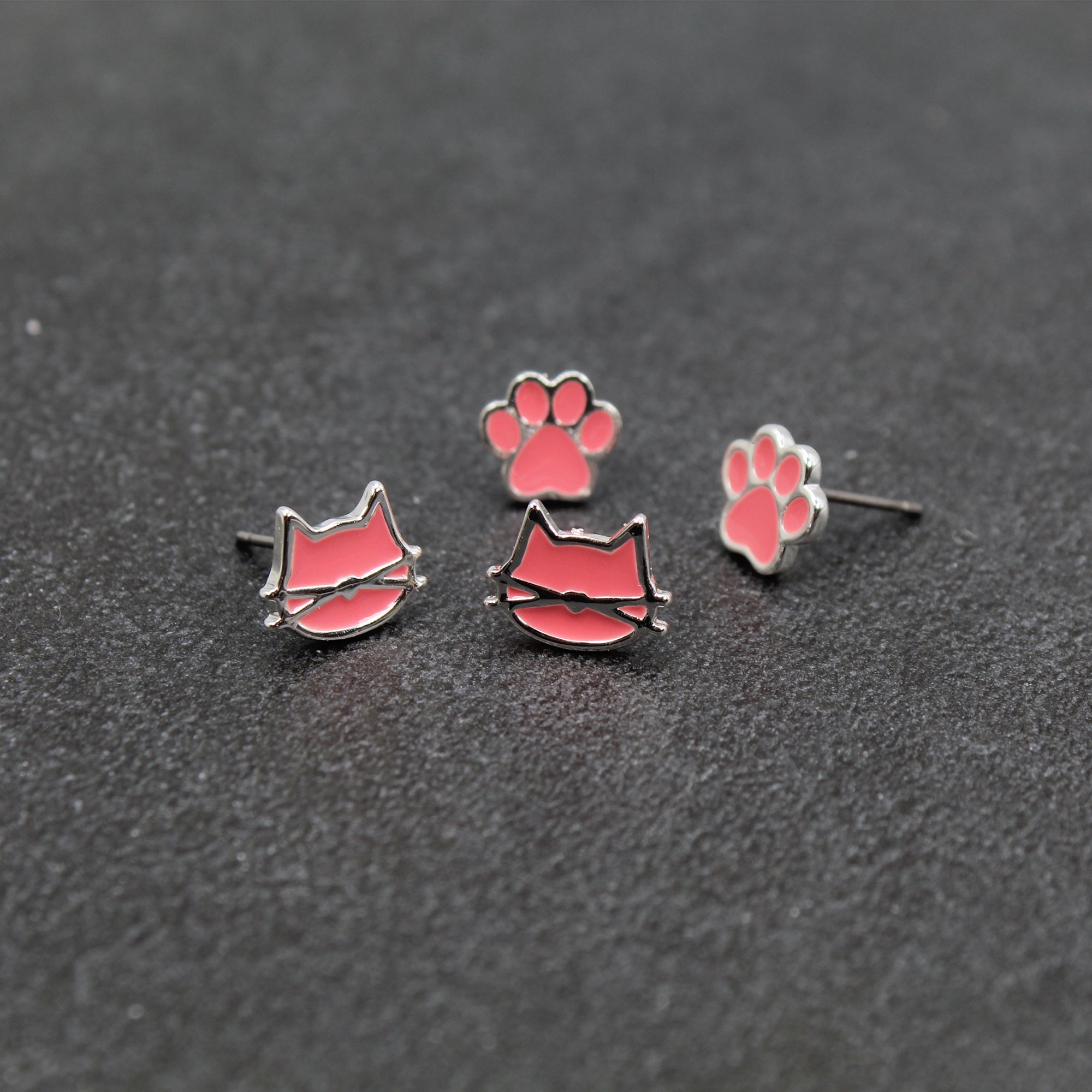 Cat earrings / Pink Silver / 2 pair Set / Hypoallergenic Stud