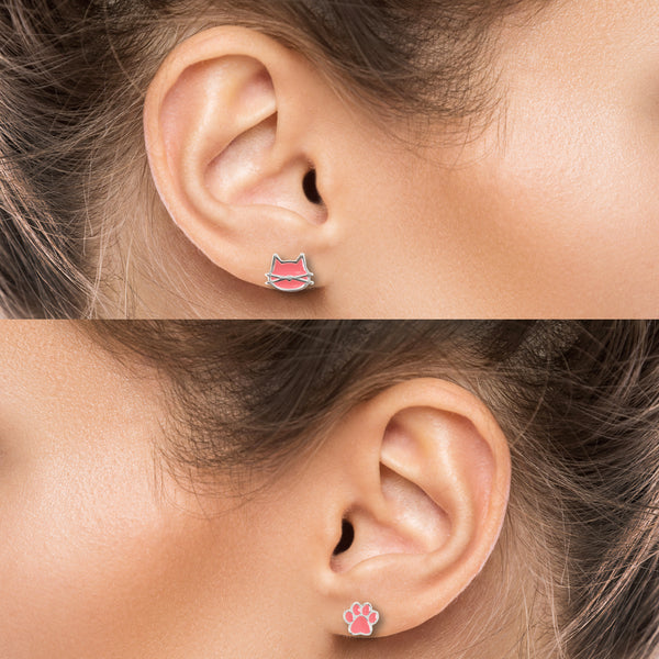 Cat earrings / Pink Silver / 2 pair Set / Hypoallergenic Stud