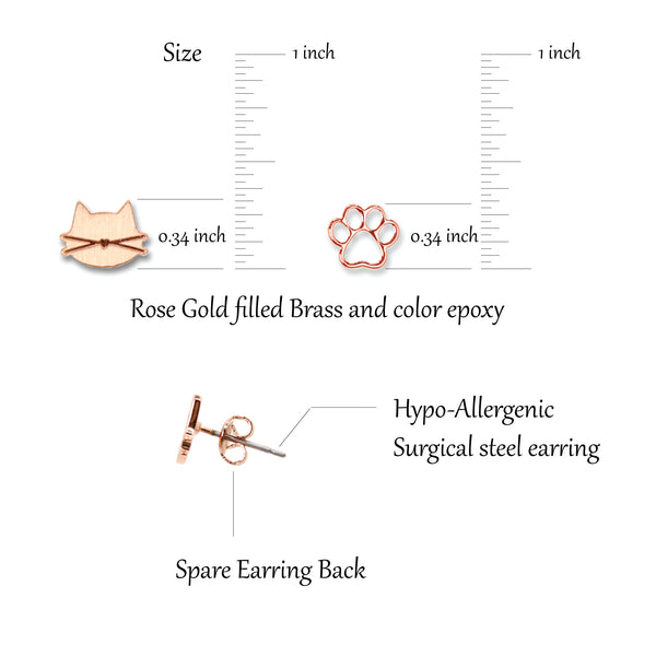 Cat earrings / Brushed Rose Gold / 2 pair Set / Hypoallergenic Stud
