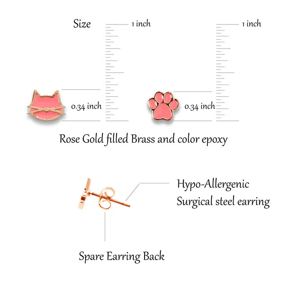 Cat earrings / Pink Rose Gold / 2 pair Set / Hypoallergenic Stud