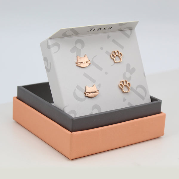 Cat earrings / Brushed Rose Gold / 2 pair Set / Hypoallergenic Stud