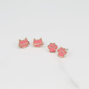 Cat earrings / Pink Rose Gold / 2 pair Set / Hypoallergenic Stud