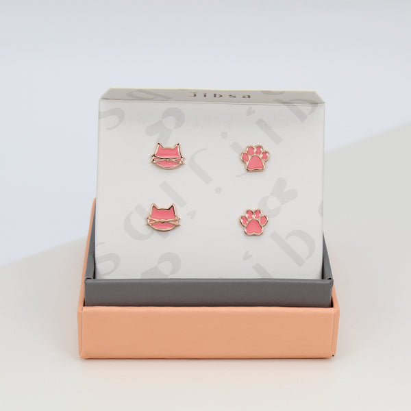 Cat earrings / Pink Rose Gold / 2 pair Set / Hypoallergenic Stud