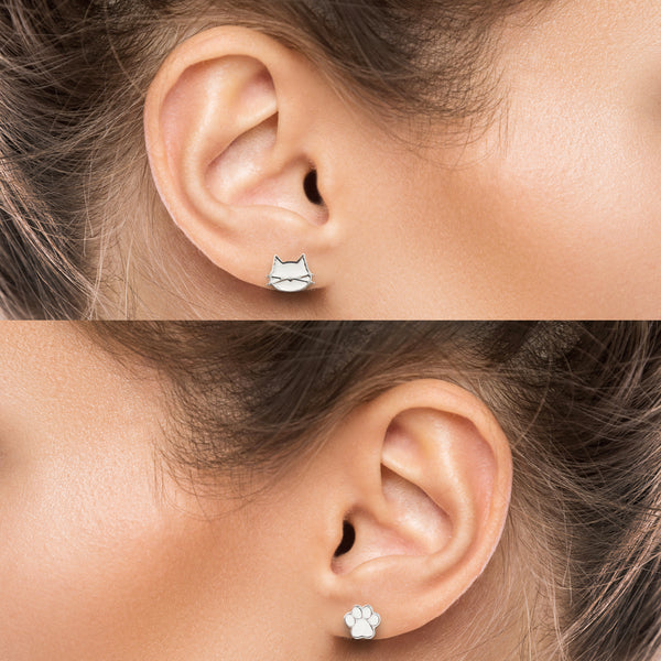 Cat earrings / White Silver / 2 pair Set / Hypoallergenic Stud