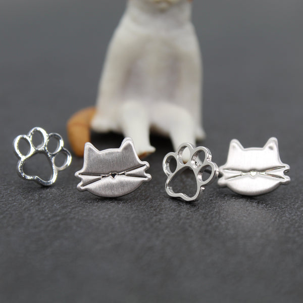 Cat earrings / Brushed Silver / 2 pair Set / Hypoallergenic Stud