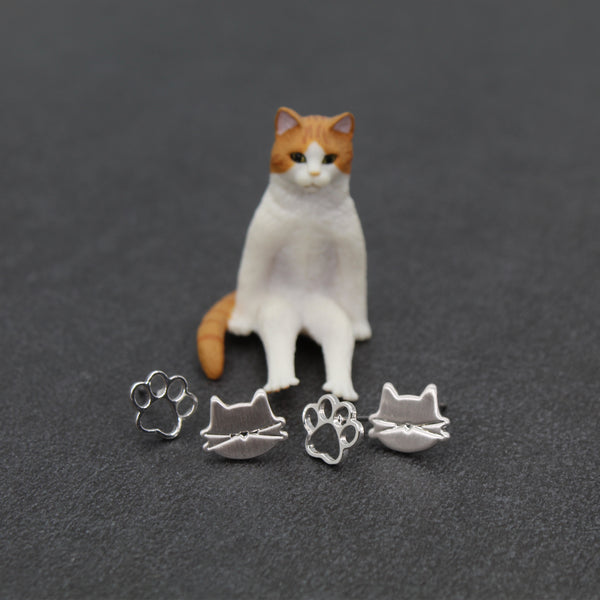 Cat earrings / Brushed Silver / 2 pair Set / Hypoallergenic Stud