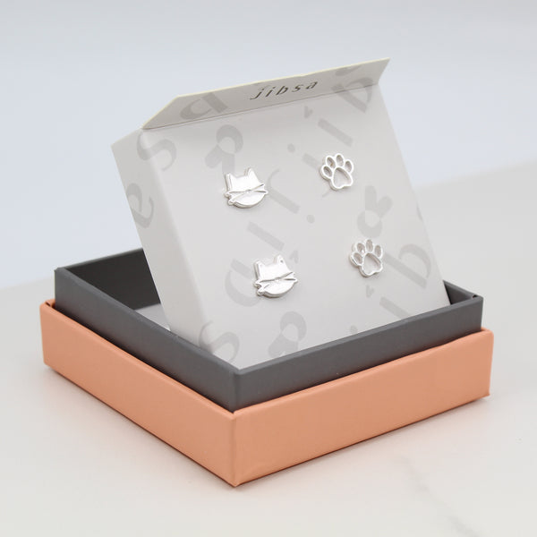 Cat earrings / Brushed Silver / 2 pair Set / Hypoallergenic Stud