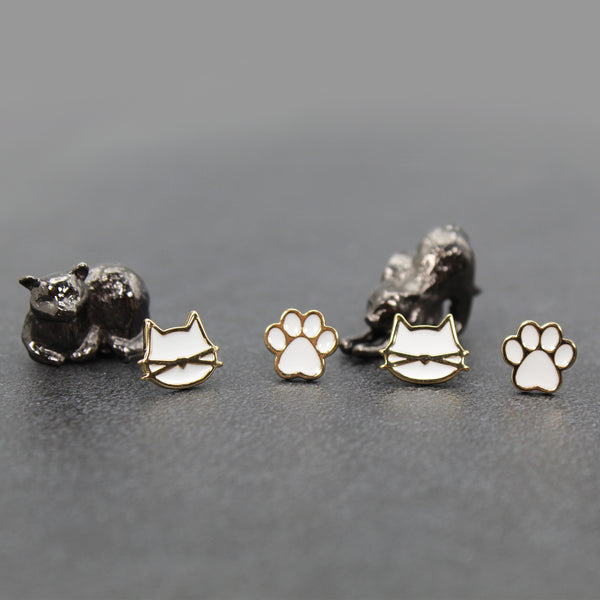 Cat earrings / White Gold / 2 pair Set / Hypoallergenic Stud