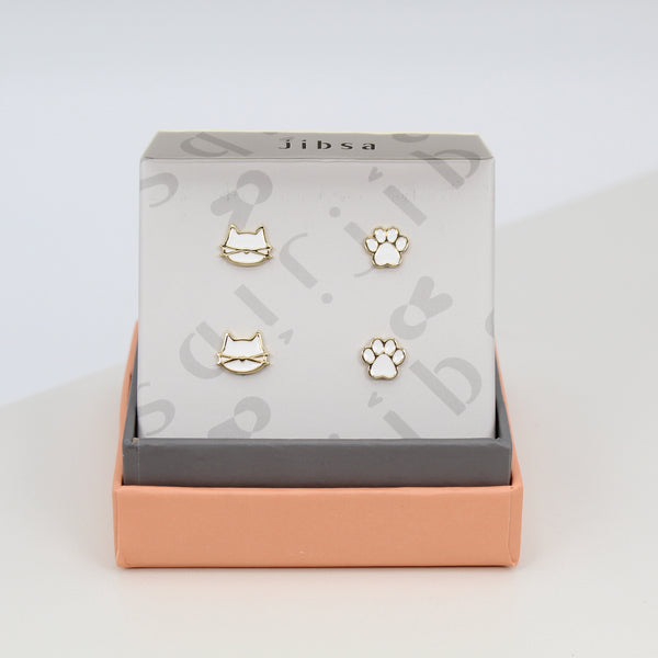 Cat earrings / White Gold / 2 pair Set / Hypoallergenic Stud
