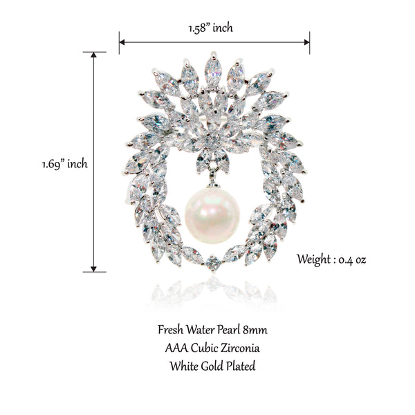 Brooch Pendant with White Pearl Cubic Zirconia White Gold Plated