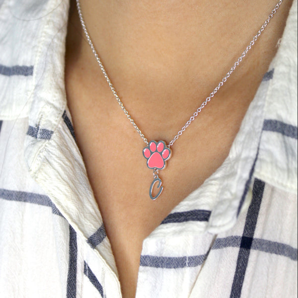 Paw Personalized Initial Letter Necklace - Silver & Pink