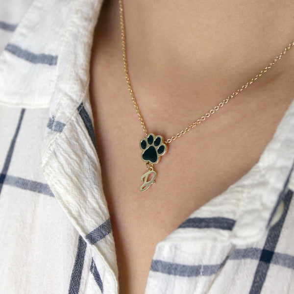 Paw Personalized Initial Letter Necklace - Gold & Black